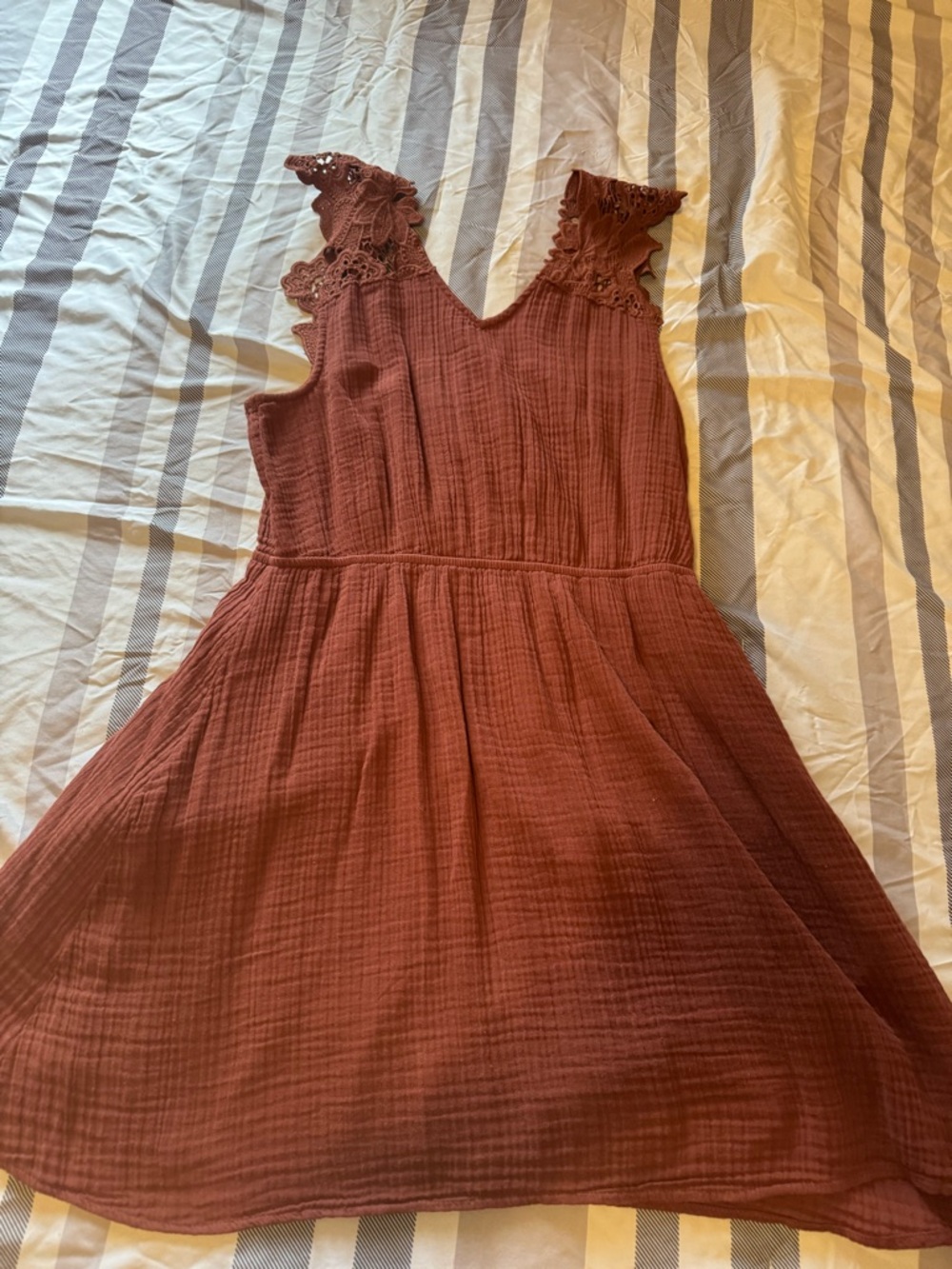 Sleeveless Lace-Trim Mini Dress in Rust